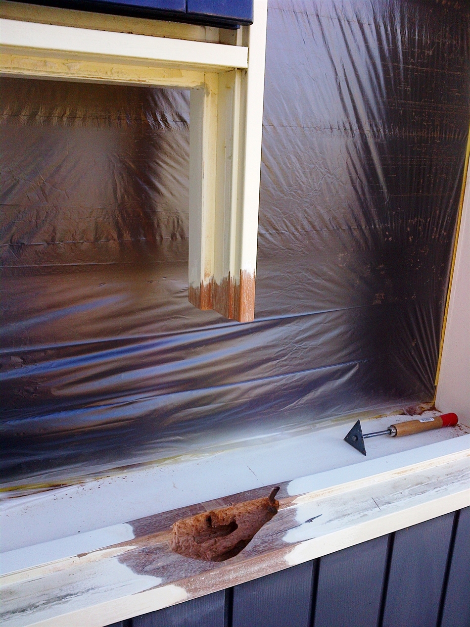 Het aangetaste hout uit de dorpel weg gefreesd.